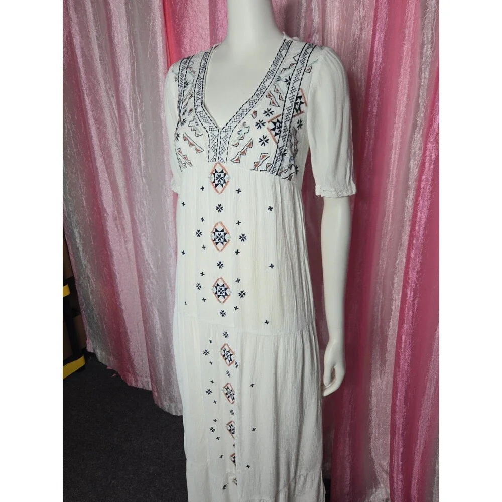 Knox Rose Ivory Boho Embroidered Cotton Lined Tiered Maxi Dress Size XS